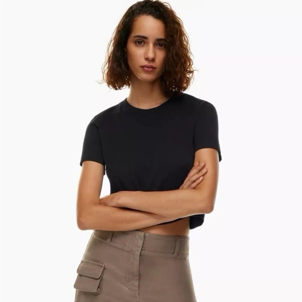 Cuts Cropped Top Womens Large Black Cotton Casual Short Sleeve Crew Neck